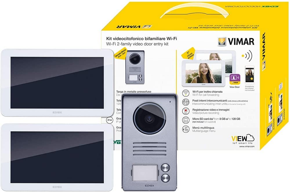 VIMAR K40946 Videosprechenalagen-Set enthält Freisprech-Touchscreen-Videohaustelefon LCD7in und WLAN-Verbindung 2-Taste Klingeltableau Netzgerät, 2 Wohnungen / Familien
