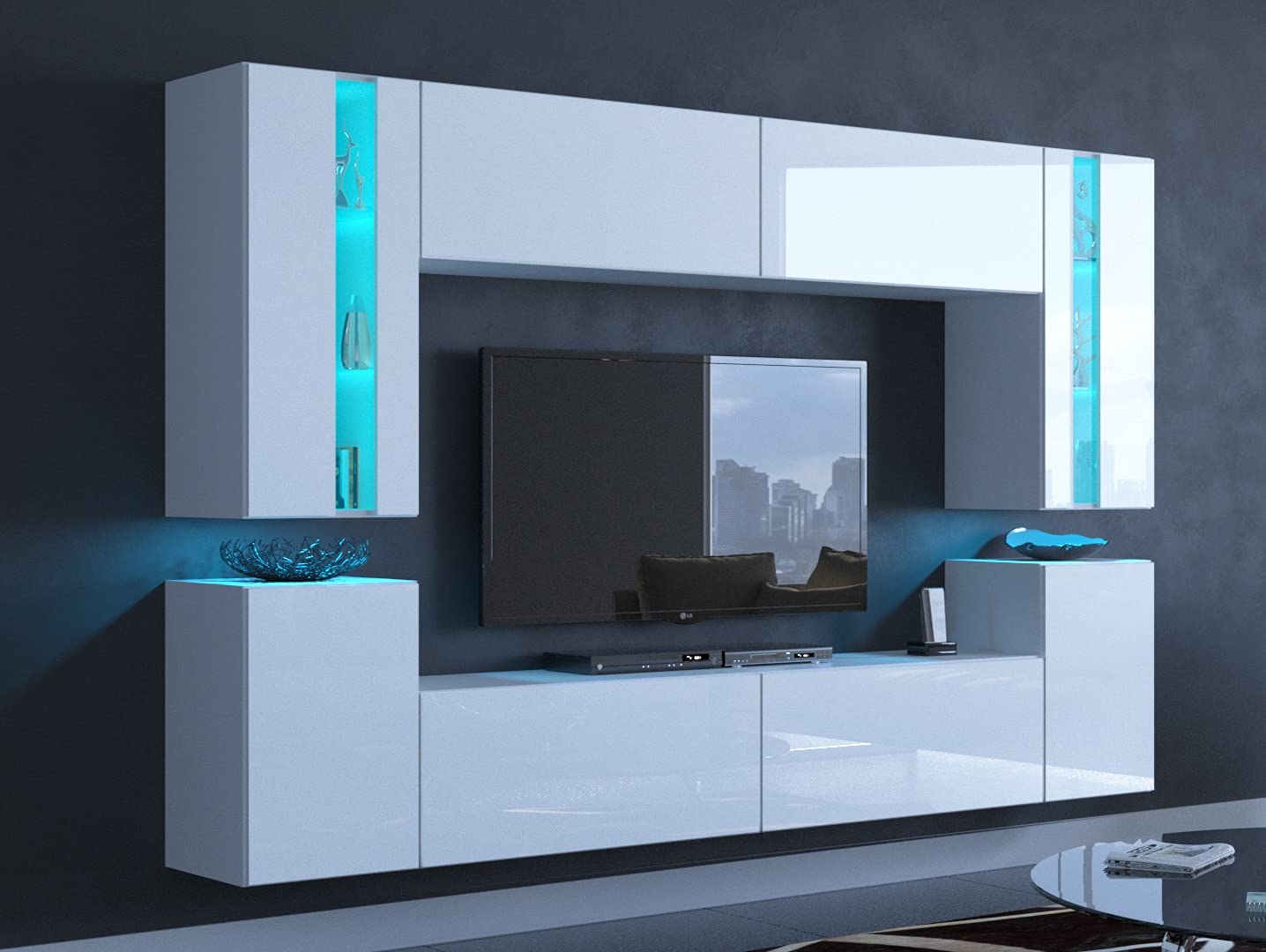 Furnitech Modernes Wohnzimmer Wohnwand Wohnschrank Schrankwand Mediawand Möbel (LED blau, 24/HG/W/2 1B groß)