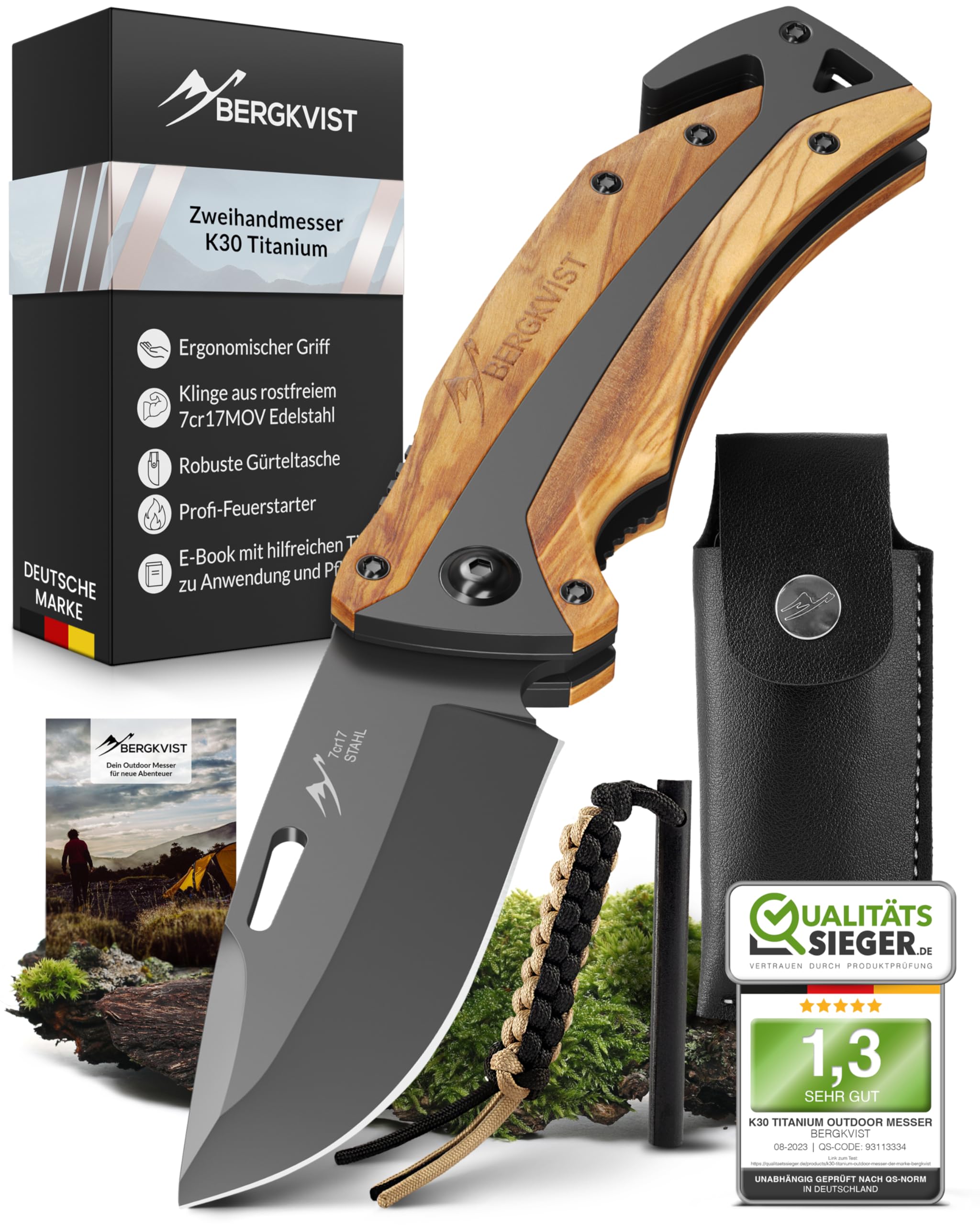 BERGKVIST® K30 Titanium Klappmesser (Zweihandmesser) - Mitführen in Deutschland erlaubt - 3-in-1 Taschenmesser für Outdoor, Camping & Survival mit Feuerstahl & Gürteltasche