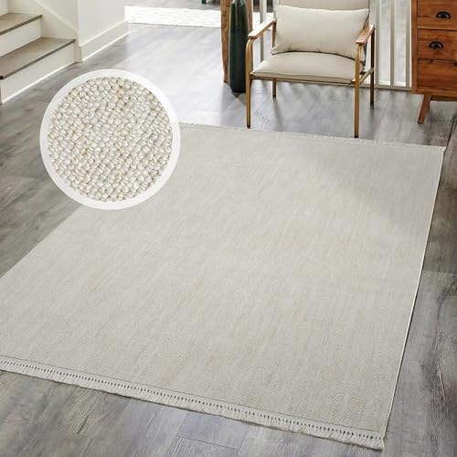 carpet city Kurzflor Teppich Wohnzimmer Creme - 120x170 cm - Einfarbig, Meliert - Fransen-Teppiche Modern, Boho für Schlafzimmer, Esszimmer