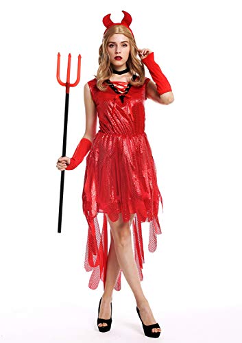 dressmeup W-0283 Kostüm Damen Frauen Halloween Karneval Teufelin Dämonin Hexe Hörner Kleid rot S