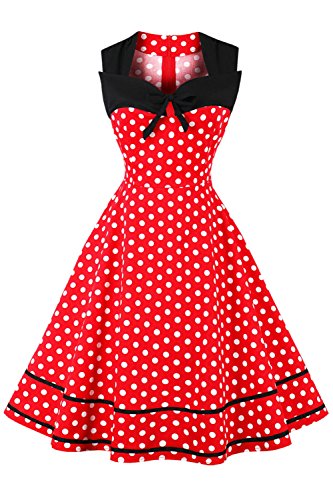 AXOE Damen 60er Jahre Polka Dot Retro Vintage Rockabilly Kleider Abendkleider Elegant für Hochzeit Rot Gr.42, XL