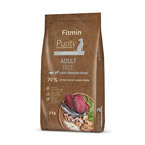 Fitmin Dog Purity Rice Adult Fish & Venison | Hundetrockenfutter | EIN getreidefreies Futter | Frischfleischanteil und halbfeuchtem Reis | Komplettfutter für Erwachsene Hunde Aller Rassen | 2 kg