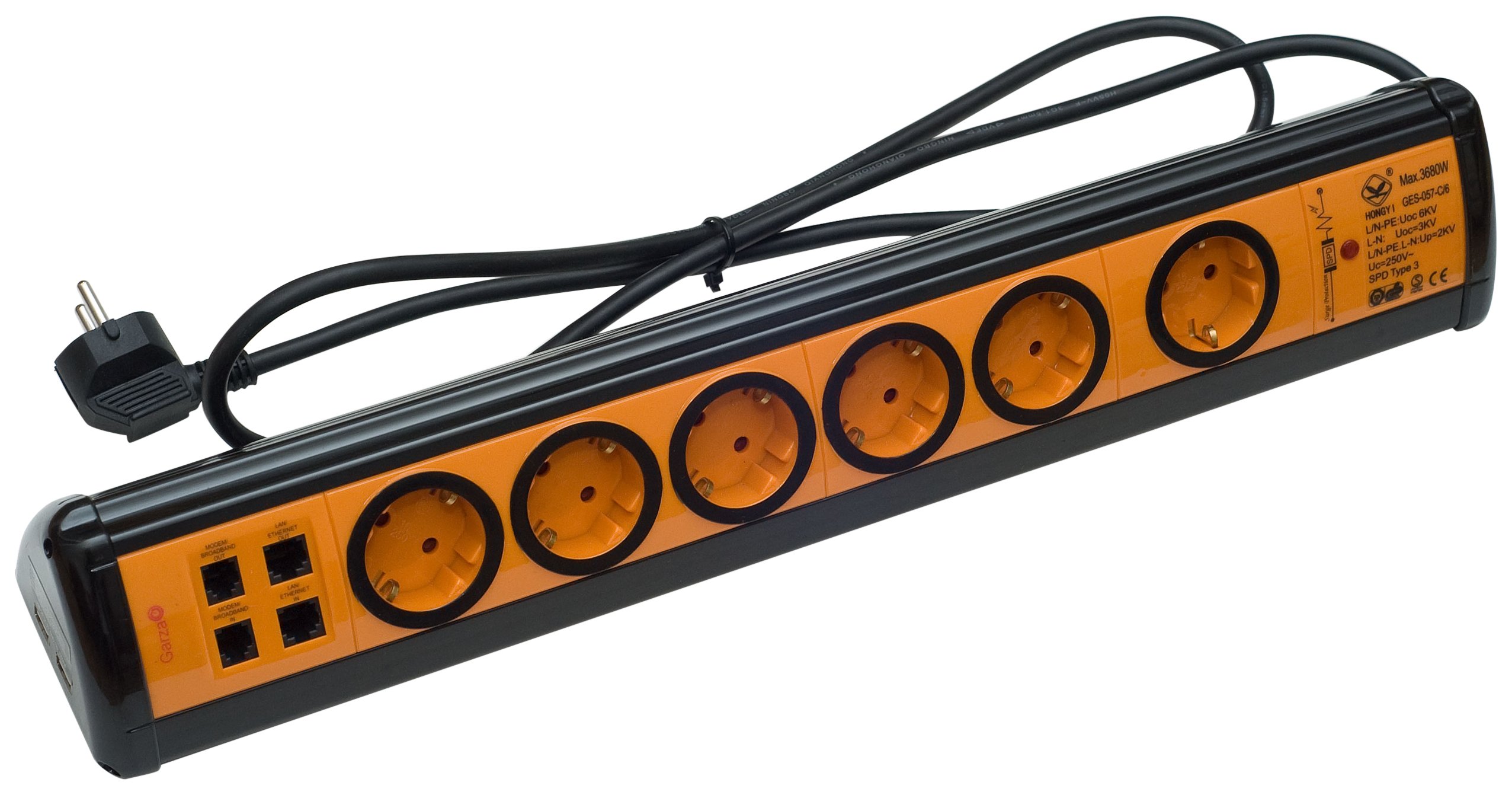 Garza 420014 Power-Mehrfachsteckdose 6 Schuko-Steckdosen + 2 USB + 2 RJ11 + 2 RJ45, Kabel 1,5 mm x 1,4 m, orange, 6 Tomas