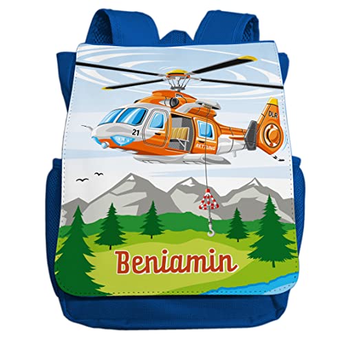 minimutz Kindergartenrucksack Helikopter für Jungen mit Name | Personalisierter Rucksack Rettungs-Hubschrauber für Kinder | Kleiner Freizeitrucksack Kinderrucksack 2-5 Jahre (dunkelblau)