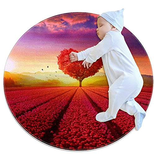 Kinder Krabbelmatte Herzförmige rote Blumen Runde weiche moderne Teppiche für rutschfeste Böden für Raumdekorationen 100x100cm