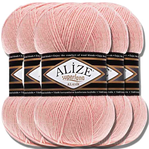 Alize 5 x 100g Superlana Klasik Türkische Premium Wolle Baumwolle und Acryl Uni Handstrickgarne Yarn Garn Strickgarn Einfarbig Baby zum Häkeln Stricken Strickgarn (Wedding Pink | 363)