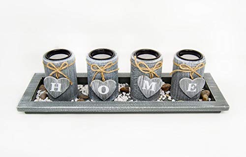 Benera Teelicht Schale Home Set Kerzenhalter mit 4 Teelichtern Tischdeko Wohnzimmer Deko Teelichthalter Teller Grau 38 cm