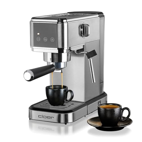 Cloer 5829 Espresso Siebträgermaschine, Espressomaschine mit Aufschäumer, 20 Bar Pumpe, schmales Design,1-2 Tassen Espresso, Cappuccino,Latte Macchiato,Sicherheitsabschaltung,1 Liter Wassertank,1350W