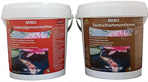 MIBO-Aquaristik Fadenalgenvernichter+Teichschlammentferner Set 2x1 Kg Gartenteich Fadenalgen Stopp Teich Schlammentferner für 30.000/60.000 Liter