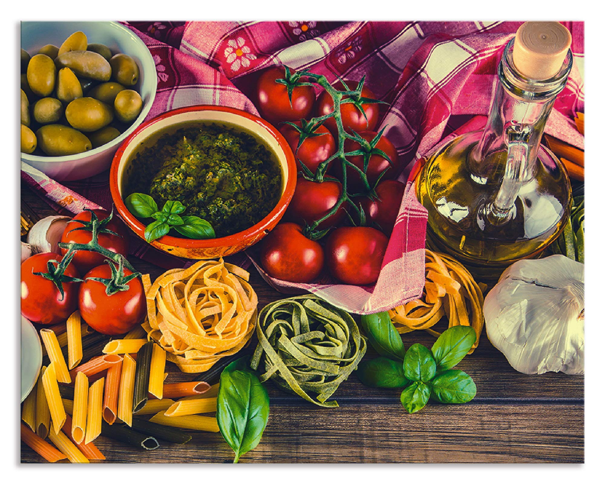 ARTland Spritzschutz Küche aus Alu für Herd Spüle 70x55 cm (BxH) Küchenrückwand mit Motiv Essen Lebensmittel Italien Pasta Gemüse Tomaten Mediterran S7SL