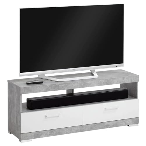 FMD TV-Bank, Kristall, 120 cm, Beton/Weiß glänzend