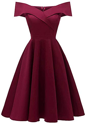 Cytree Damen Elegant CocktailKleid Off Schulter Brautjungfernkleid Spitzenkleider Knielang Festliches BallKleid (XXL, Wein1)