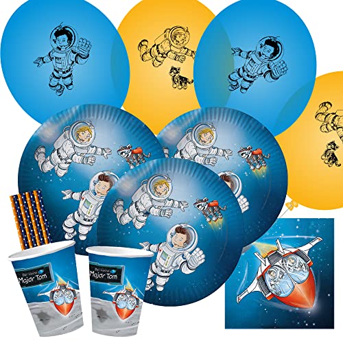 dh-konzept/spielum 52-teiliges Party-Set - Der kleine Major Tom - Teller Becher Servietten Ballons Trinkhalme für 8 Kinder