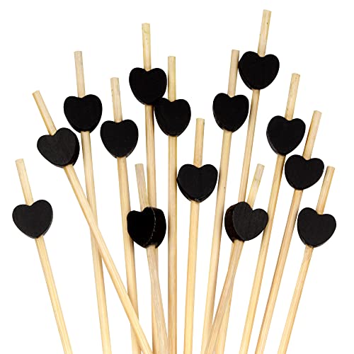 BambooMN 15 cm dekorative schwarze Herz-Bambus-Cocktailspieße für Catering-Veranstaltungen, Urlaub, Restaurants oder Buffets, Partyzubehör, 300 Stück
