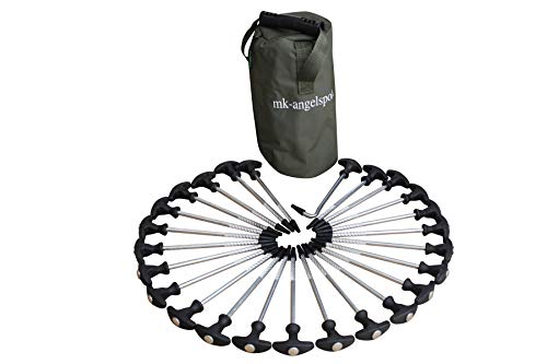 MK-Angelsport 24+1er Pack - T-Pegs Zeltheringe inkl. Tasche und T-Peg Puller für alle Campingzelte und Bivvy – 20cm lang Heringe für Angelzelte