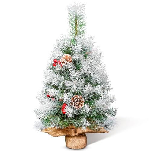 60 cm/2 ft Künstlicher Tisch Mini Weihnachtsbaum Christbaum klein, mit Schneeflocken Dekoration, Tannenzapfen, Roten Beeren, Leinen-Baumwolle und Zementbasis für Weihnachtsdekorationen