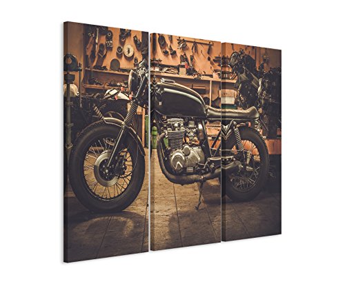 Unique 3 teiliges Bild Bilder gesamt 130x90cm Kunstbilder – Vintage Motorrad in der Garage
