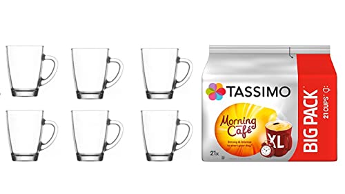 Tassimo Morning Café XL, Kaffee Kapseln + 4 Glastassen mit Henkel 380cc