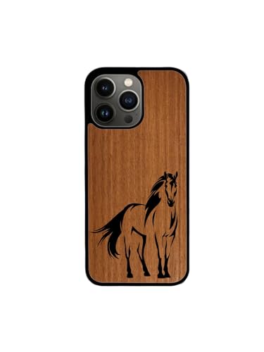 Enowood Schutzhülle aus Holz, handgefertigt, Motiv: Pferd – iPhone 13 Pro Max – Makore