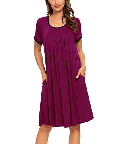 MINTLIMIT Nachthemd Damen Kurzarm Schlafkleid Einteiliger Schlafanzug Nachtkleid Retro-Stil Kleid Sleepshirt (Fuchsia,Größe L)