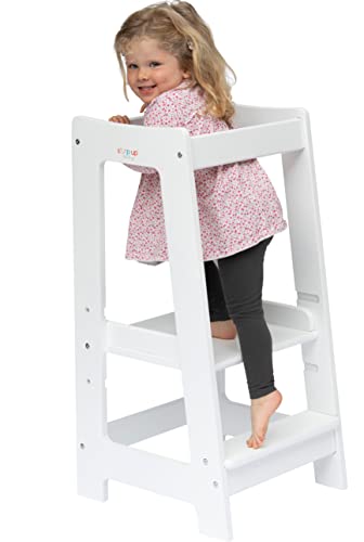 Stepup Baby Montessori Lernturm Küchenhelfer Ständer Verstellbare Kleinkind Stufen mit Sicherheitsschiene Massivholz Weiß