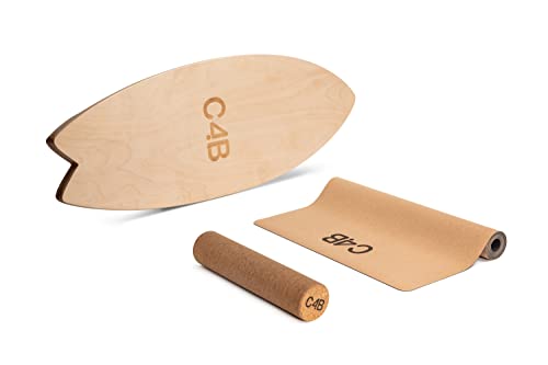 CLUB4BRANDS C4B Curved Wake-Board - Gebogenes Balanceboard mit Korkrolle und Korkmatte - Surfboard (100% Holz) | Geschwungenes Indoorboard und Trickboard | 100% Fun Garantiert (Natural)