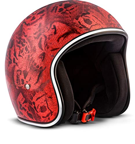 Rebel Helmets R3 Motorrad-Helm, Fiberglas Schnellverschluss SlimShell Tasche, XS (53-54cm), Skull Rot