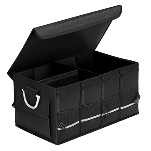 eSituro Kofferraumtasche mit Deckel, Kofferraum-Organizer mit Klett, Einkaufstasche faltbar, Auto Faltbox Aufbewahrung, Autozubehör, mit Netztaschen Trennwand, 56x30x34cm SSB003