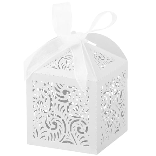 Kcvzitrds 100 Stück Lasergeschnittene Geschenkboxen, 2 X 2 Kleine Geschenkboxen für Geschenke, Party-Hochzeits-Geschenkboxen mit Band, Weiß, Langlebig, Einfach zu Installieren
