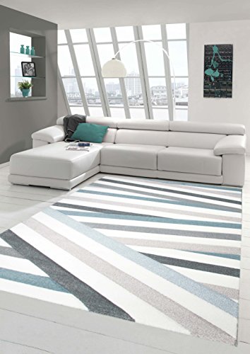 Traum Teppich Designerteppich Moderner Teppich Wohnzimmerteppich Kurzflor Teppich mit Konturenschnitt Gestreift Grau Blau Weiß, Größe 80x150 cm