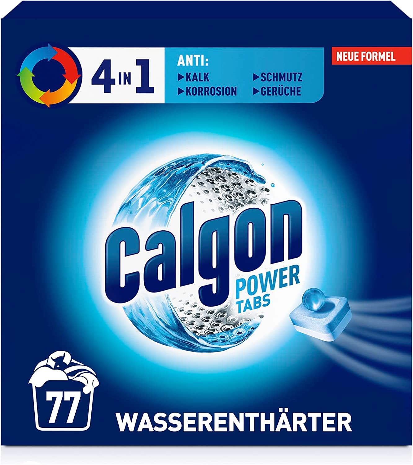 Calgon 4-in-1 Power Tabs – Wasserenthärter gegen Kalkablagerungen, Schmutz und Korrosion in der Waschmaschine – Beugt unangenehmen Gerüchen vor – 2 x 77 Tabs