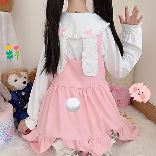 ZYONG Japan Herbst Kawaii Lolita Zweiteiler Anzug Cosplay Loli Bogen Kaninchen Ohren Hemd Süßes Weiches Mädchen Sleeveless Rüschen Hosenträger Kleid