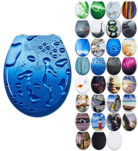 Grafner MDF WC Sitz mit Absenkautomatik viele schöne Motive zur Auswahl - stabile Qualität - einfache Montage WC Deckel Klobrille Softclose (Blue Droplets)