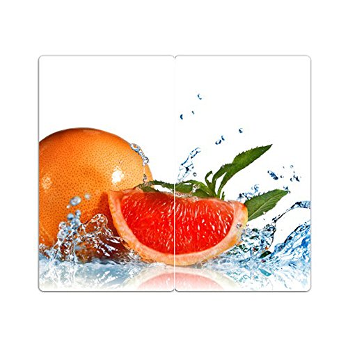DEKOGLAS Herdabdeckplatten Set inkl. Noppen aus Glas 'Grapefruit', Herd Ceranfeld Abdeckung, 2-teilig universal 2x 52x30 cm
