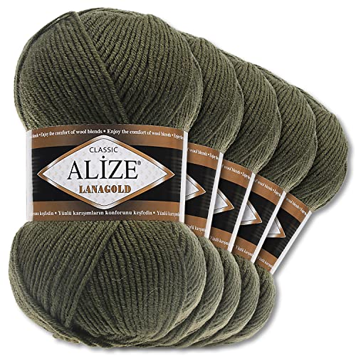 Alize 5 x 100 g Lanagold Wolle | 53 Auswahl | Stricken Häkeln Wolle (29 | Khaki)