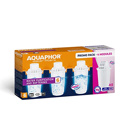 AQUAPHOR 4X Wasserfilterkartusche (3X B100-6 für hartes Wasser Plus 1x A5 Magnesium). Kompatibel mit Filterkannen Arctic, Prestige, Provance. 300 Liter Kapazität.