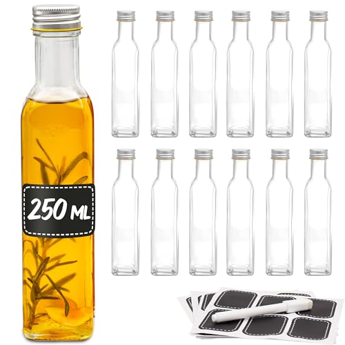 12 Glasflaschen 250ml Eckig - Schraubverschluss - 12 Etiketten mit Stift - Leere Flaschen