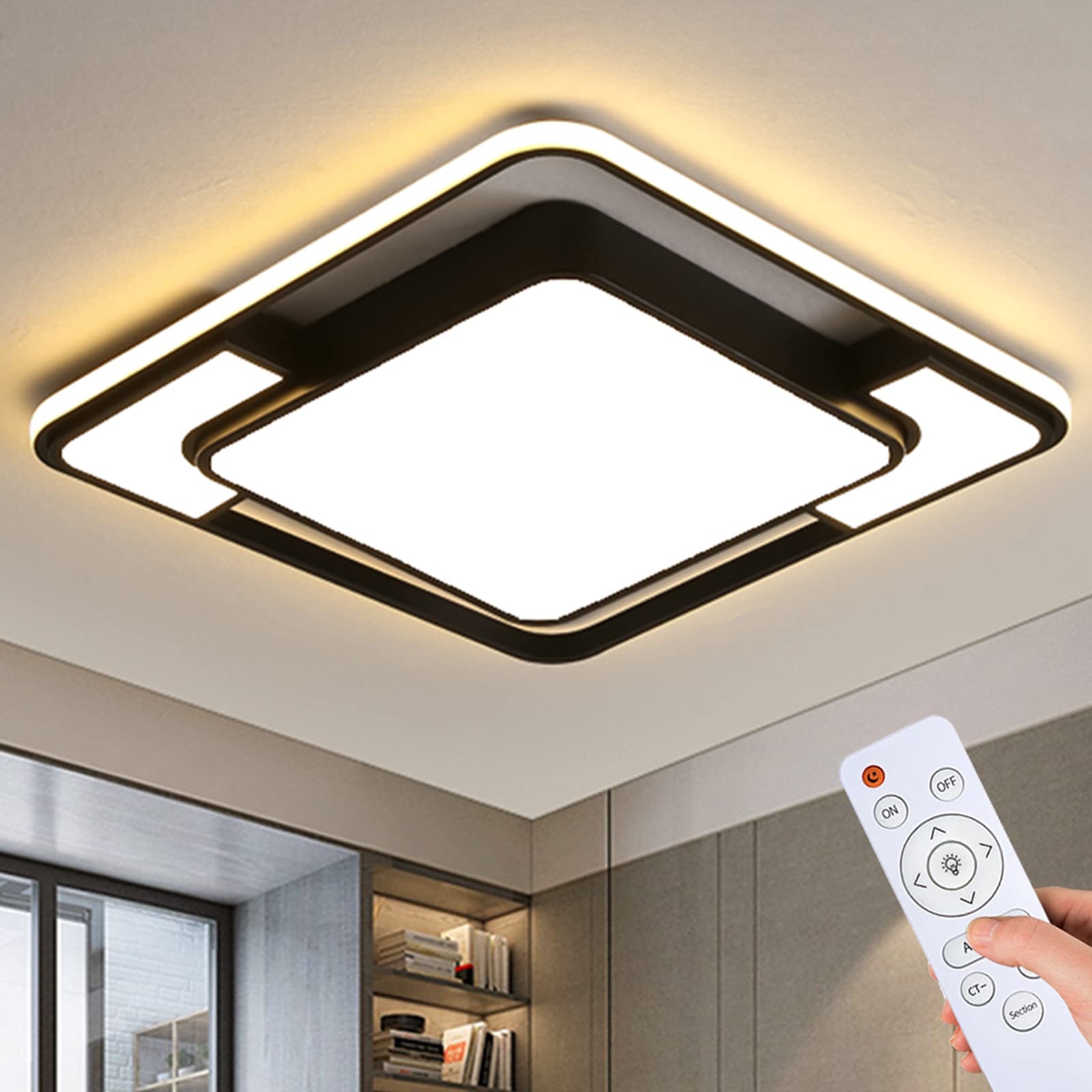 Style home LED Deckenlampe 90W Deckenleuchte voll dimmbar mit Fernbedienung Schwarz für Wohnzimmer Schlafzimmer Küche Rechteckig 42 * 6cm (Schwarz)