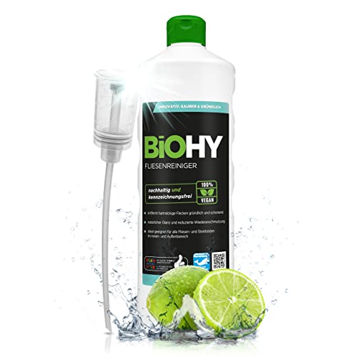 BiOHY Fliesenreiniger (1l Flasche) + Dosierer | Bio Reiniger für Wand- & Bodenfliesen aller Art | Intensiver Kalkentferner | Streifenfreie Reinigung für Wohnzimmer, Küche & Bad | Innen & Außenbereich