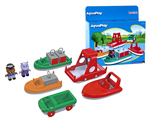 Aquaplay 8700000272 BoatSet-Zubehör Wasserbahnen oder für die Badewanne, 4 Booten, 1 Amphi-Lorry und BO und Wilma, für Kinder ab 3 Jahren, Bunt
