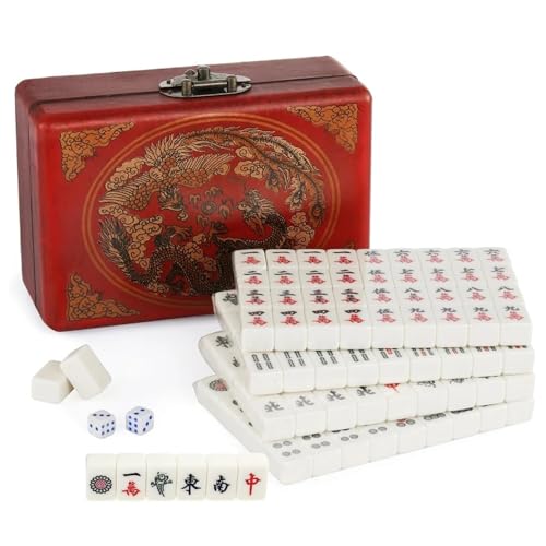 RATSTONE Mahjong，Mahjong Mahjong Set，Tragbares, antikes Mini-Mahjong-Spiel mit farbenfrohem Etui und 144 Mahjong-Spielsteinen für Familienspiele, Partys und Zeitvertreib für Erwachsene.
