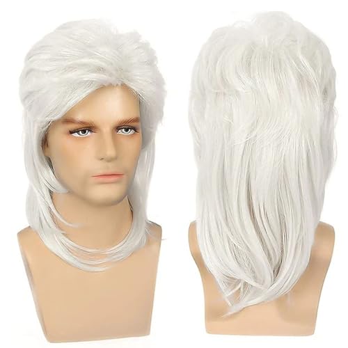 Hair Toupee for Men, Vokuhila-Perücken für Männer, 80er-Jahre-Kostüme, ausgefallenes Partyzubehör, Cosplay-Perücke für männliche tägliche Party(Silver Grey)
