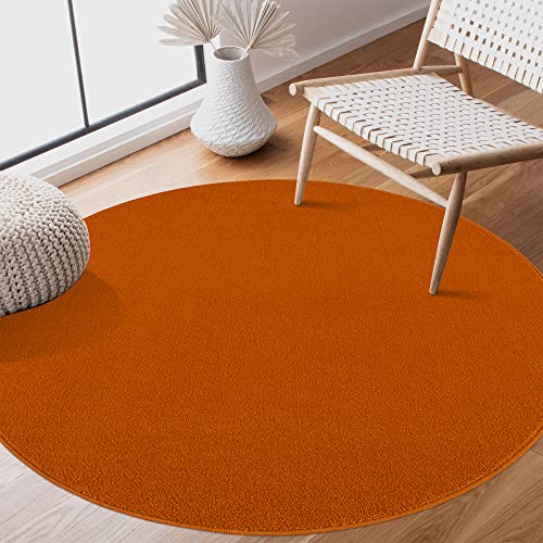 SANAT Kurzflor Teppich Wohnzimmer - Uni Modern Teppiche fürs Schlafzimmer, Arbeitszimmer, Büro, Flur, Kinderzimmer und Küche - Orange, 150 cm Rund