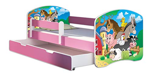 Kinderbett Jugendbett mit einer Schublade und Matratze Rausfallschutz Rosa 70 x 140 80 x 160 80 x 180 ACMA II (34 Farm, 80 x 180 cm mit Bettkasten)