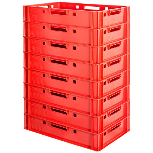 Kingpower 8 Stück E1 Fleischkisten Rot Kisten Eurobox Lebensmittelecht Metzgerkiste Box Aufbewahrungsbox Kunststoff Wanne Plastik Stapelbar Lagerkisten 60 x 40