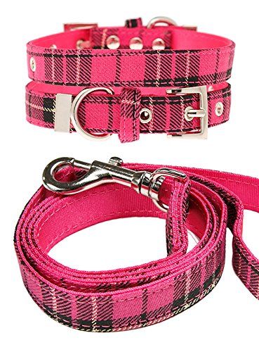UrbanPup Fuchsia Pink Tartan Stoff Halsband und Leine Set