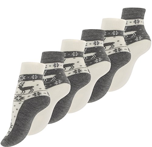 6 Paar Damen Thermo-Socken mit Innenfrottee, Winter Socken im Noweger Design, grau