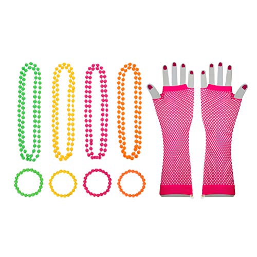 STOBOK Party Neon Anhänger Armband Perlenkette Fischnetz Auge Lange Handschuhe (Halskette x 4 + Armband x 4 + Wassermelone rote Handschuhe x 1)