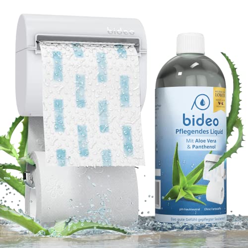 Bideo 2.0 Toilettenpapier Befeuchter mit verbesserter Halterung - Patentiert System für Feuchte Toilettentücher - Toilettenpapierhalter für Feuchtes Toilettenpapier + Aloe Vera Liquid - Weiß